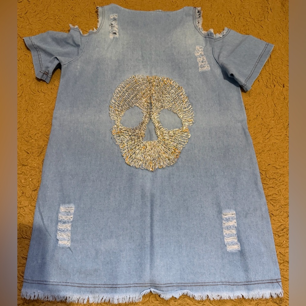 Light Blue Distressed Cold-Shoulder Shirt Dress